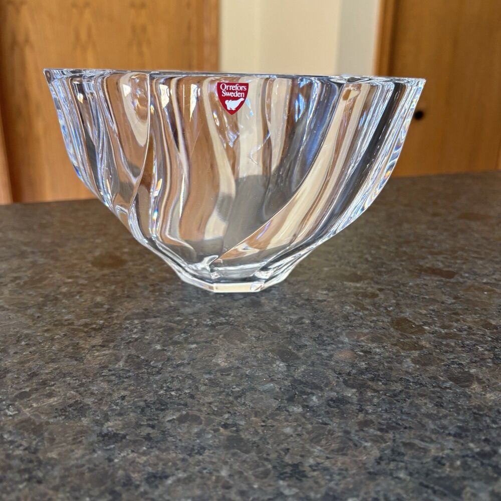 Orrefors Heavy Crystal Bowl Etched Signed Sweden